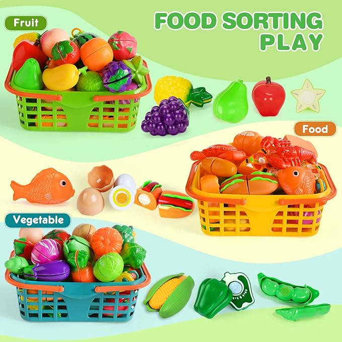 Play Food Set for Kids Kitchen- 100 Pcs Kitchen Food Toy for Toddlers, Cutting Fake Food/ Fruit/ Vegetable Accessories with Three Baskets, Birthday Gift for 3 4 5 Years Old Boy Girl