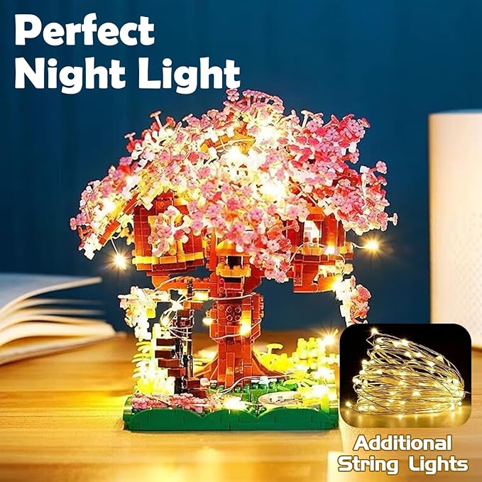 Peach Blossom Pond Micro Building Blocks Set Toys for Kids and Adults, Mini Cherry Bonsai Tree House with LED String Lights DIY Japanese Sakura Street Model Chinese Bricks Architecture Kit Teens Gift