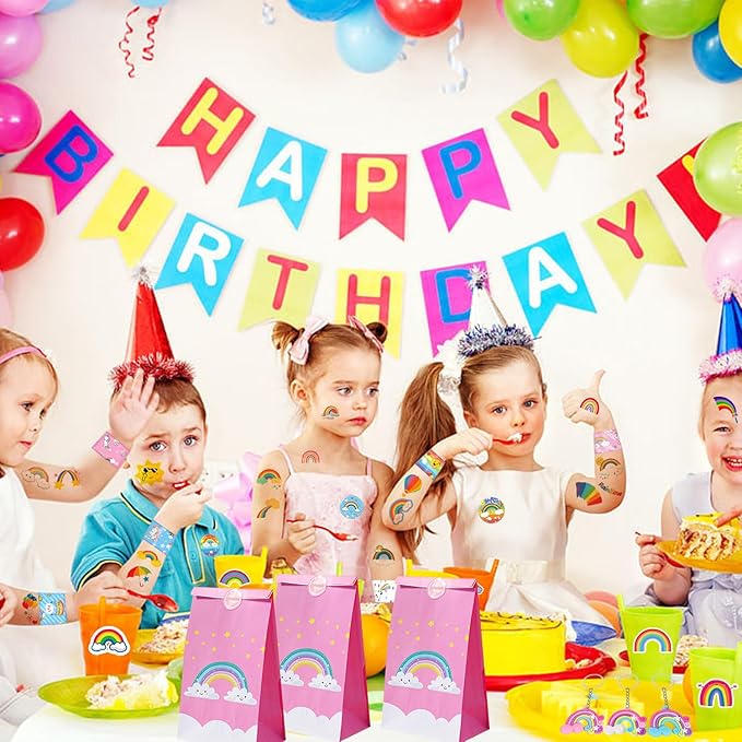 Rainbow Party Favors 110 PCS Slap Bracelets, Button Pins, Stickers, Temporary Tattoos, Key Chains and Gift Bags Girl Boy Kids Baby Shower Rainbow Unicorn Cloud Birthday Party Supplies Decorations