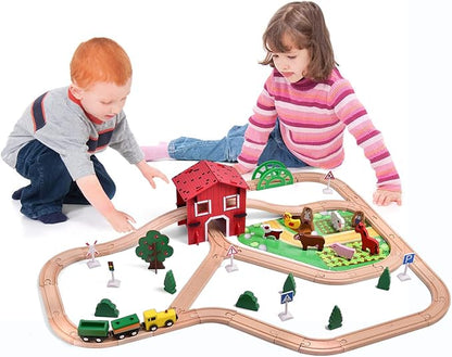 FUN LITTLE TOYS 77PCS Wooden Train Set Toy Train for Boys & Girls with Wood Train Track Fits Major Brand, Wooden Farm Play Set for Kids Wooden Toys