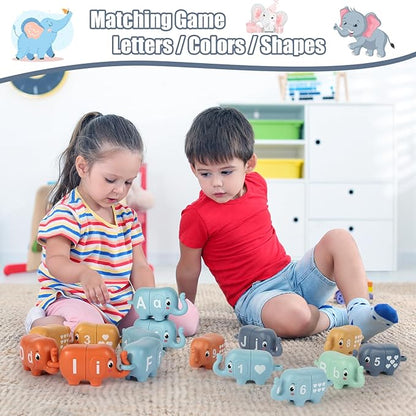10PCS Elephant Number & Alphabet Learning Toys for Toddlers 2-4, Toddler Preschool Learning Activities, Educational Montessori Toys for 2 Year Old, Double Sided Matching Game 1-10 & A-J