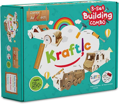 Kraftic Woodworking Building Kit for Kids and Adults, 3 Educational DIY Carpentry Construction Wood Model Kit Toy Projects for Boys and Girls, Build a Wooden Food Truck, Racing Car and Garbage Truck