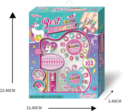 Kids Makeup Set Best Scented Nail Art Kit Ring Nail File Wooden Stick Kids Toys for Birthday Gifts Ages 5+