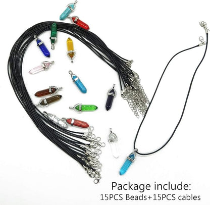 TIHOOD 30PCS/Set DIY Healing Pointed Chakra Beads Crystals Stone Random Color Beads Pendant for Pendant Necklace Jewelry Making with Black Leather Necklace Chain
