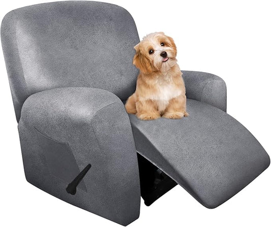 molasofa Recliner Chair Covers - 4 Pieces Leather Like Large Recliner Chair Covers with Pocket Waterproof Non Slip Stretch Recliner Slipcover for Lazy Boy Recliner Chair Washable (Light Grey)