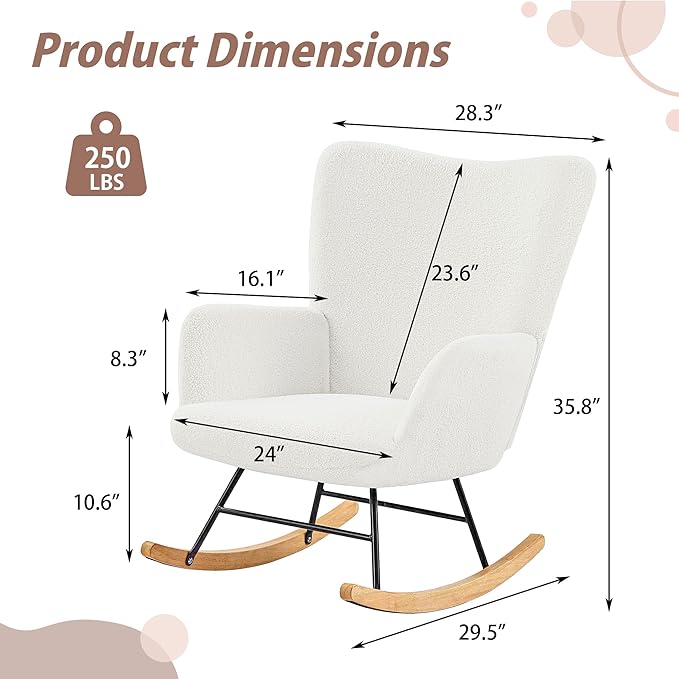 VECELO Rocking Chair, Modern Upholstered Teddy Fabric Nursery Glider with Padded Seat, High Backrest, Armchair and Pocket for Living Room Bedroom Balcony Offices