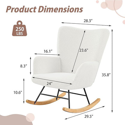 VECELO Rocking Chair, Modern Upholstered Teddy Fabric Nursery Glider with Padded Seat, High Backrest, Armchair and Pocket for Living Room Bedroom Balcony Offices
