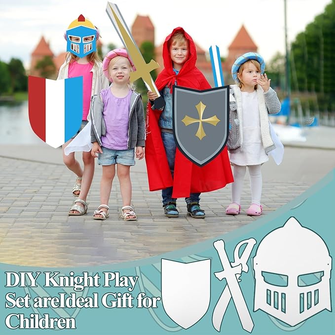 40 Pcs DIY Knight Play Set Includes Blank Cardboard Shields Shield Masks Swords Knife Color Your Own Knight Mask with Handles for School Knight Crafts Play Castle Activities Dramatic Party Decorate