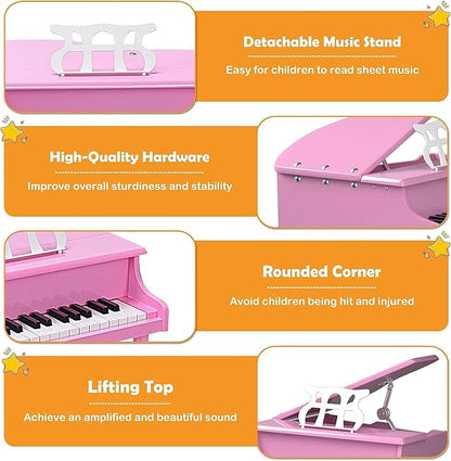 HONEY JOY Classical Kids Piano, 30-Key Mini Grand Piano with Music Stand and Bench, Wooden Musical Instrument Toy w/Lid & Music Rack, Gift for Boys Girls Ages 3+ (3 Straight Leg-Pink)