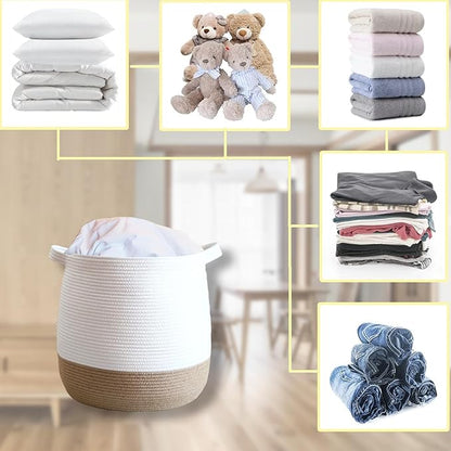 Large Cotton Rope Basket, Woven Storage Basket for Toy, Laundry and Blanket Organizer Basket, Round Hamper Basket with Handles for Kid's Room 17.7"x16.9"