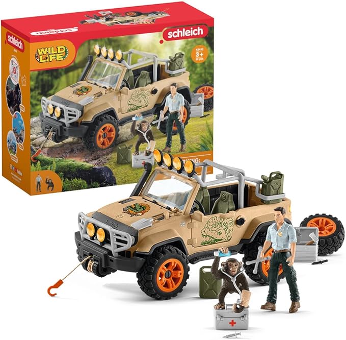 Schleich Wild Life Realistic Chimpanzee, Jeep Truck, and Ranger Figurine 16pc Playset - Wild Adventure Jeep Truck with Chimp, Ranger, and Accessories, Durable for Boys and Girls, Gift for Kids Ages 3+