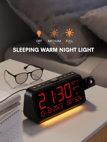 Projection Alarm Clock for Bedroom Ceiling, Digital Clock Projector with Weekday/Weekend Mode, Date, Temperature, Humidity, Type-C USB Charger, Night Light, Dual Alarms, DST, Dimmer,12/24H