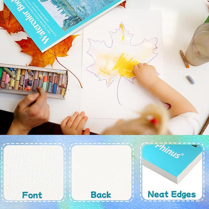 Phinus 18 Sheets Watercolor Paper 9x12 Inch, Cold Press Watercolor Sketchbook (140lb/300gsm), Tape Bound Watercolor Paper Pad for Adults Kids, Mixed Media, Markers and Art Journaling