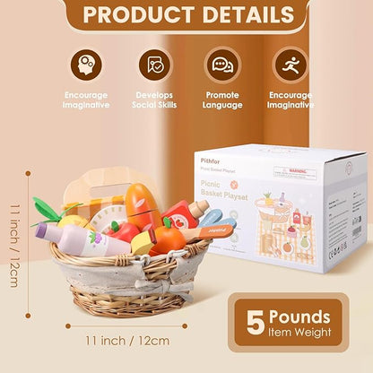 Picnic Playset, Wooden Play Food Set for Kids Kitchen, Cutting Pretend Play Kitchen Food Toy for Toddlers Girls Boys 1 2 3 4 5 Years Old