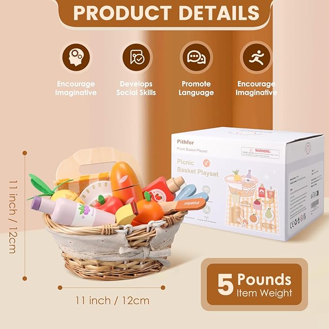 Picnic Playset, Wooden Play Food Set for Kids Kitchen, Cutting Pretend Play Kitchen Food Toy for Toddlers Girls Boys 1 2 3 4 5 Years Old