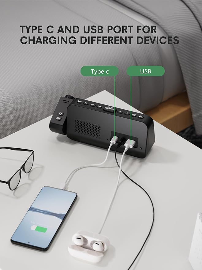 Projection Alarm Clock for Bedroom Ceiling, Digital Clock Projector with Weekday/Weekend Mode, Date, Temperature, Humidity, Type-C USB Charger, Night Light, Dual Alarms, DST, Dimmer,12/24H