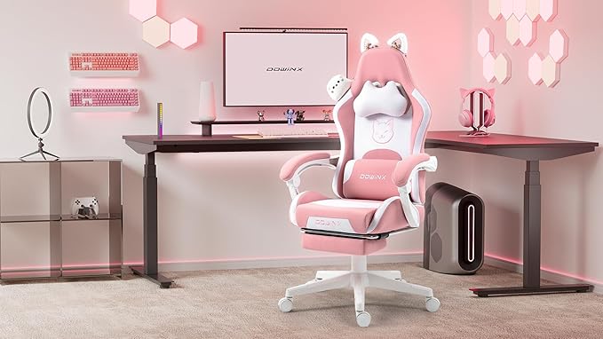 Dowinx Gaming Chair Cute with Cat Ears and Massage Lumbar Support, Ergonomic Computer Chair for Girl with Footrest and Headrest, Comfortable Reclining Game Chair 290lbs for Adult, Teen, Pink