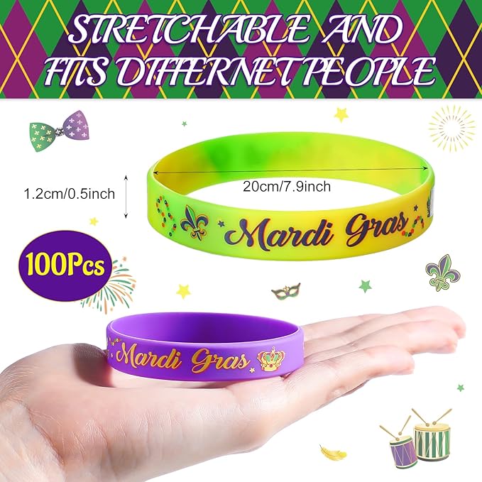 Kasyat 100 Pieces Mardi Gras Party Favors Mardi Gras Party Silicone Bracelets Mardi Gras Carnival Wristbands for Carnival Birthday Party Decorations Goodie Bag Stuffers Fillers Supplies