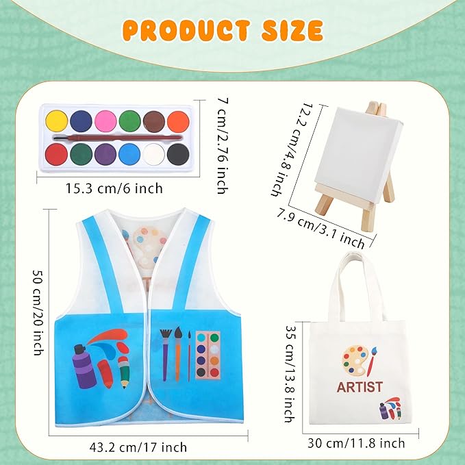 4 Pcs Child Artist Costumes Set Include Artist Painter Vest Mini Watercolor Paint Mini 3 x 3 Inch Canvas Wooden Easel with Artist Bags for Kids Halloween Career Dress Up Painting Party