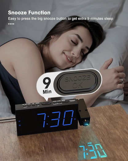 Projection Alarm Clock for Bedrooms,7'' Digital Clock with 180° Projector, 5-Level Brightness Dimmer, USB Charger,Snooze,12/24H& Battery Backup,Suitable for Deaf and Hard of Hearing,Kids,and Elders