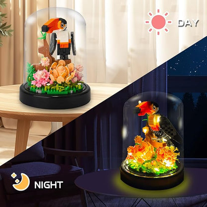 Topdear Flower Parrot Bouquet Building Set with LED String Light and Dust Cover, 660 Pcs Animals Mini Bricks Building Blocks Toy for Kids, Adults, Gift for Mother's Day, Christmas(Black)