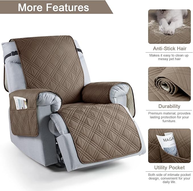 TAOCOCO 100% Waterproof Recliner Chair Cover, Small Recliner Covers for Recliner Chair with Pocket, Non Slip Reclining Chair Cover Furniture Protector for Kids, Pets(X-Small Chair, Taupe)