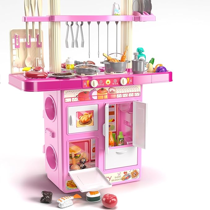 TEMI Kitchen Playset | 2-in-1 Kids Kitchen & Grill Playset, Play Kitchen with 60Pcs Toy Accessories Set, Real Sounds and Light | Pretend Play Set for 3+ Year Old Kids, Girls & Boys