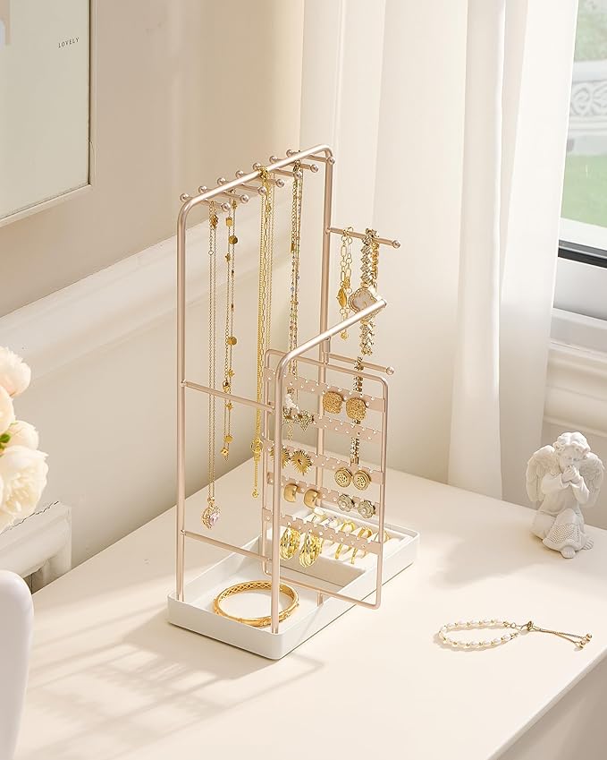 ProCase Jewelry Stand Holder Organizer, Jewelry Display Storage with Ring Tray, Rotating Earring Bracelet Necklace Holder, Valentine's Gifts Room Dorm Decor for Teen Girls -Champagne (No-Assembly)