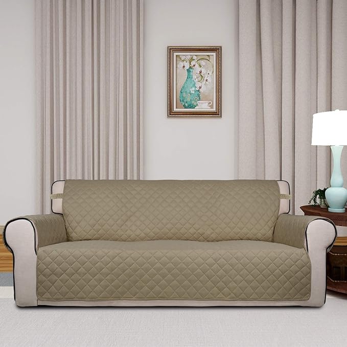 PureFit Reversible Quilted Sofa Cover, Water Resistant Slipcover Furniture Protector, Washable Couch Cover with Non Slip and Elastic Straps for Kids, Dogs, Pets (Sofa, Beige/Beige)