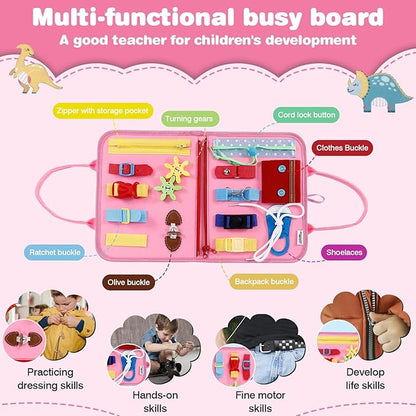JHkim Busy Board for Toddlers, Sensory Board Travel Toys Gifts for 1 2 3 4 Year Old Girls Boys, Montessori Toys to Learn Fine Motor Skills, Educational Activities Busy Book for Airplane Car (Pink)