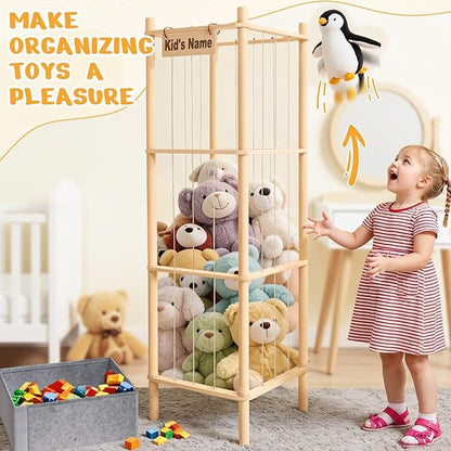 Stuffed Animal Storage with Toys Tray, 57In Large Wooden Stuffy Plushies Storage Holder Extra Large Capacity Stuffed Animals Zoo Organizer for Toddler Rooms, Playrooms & Bedrooms