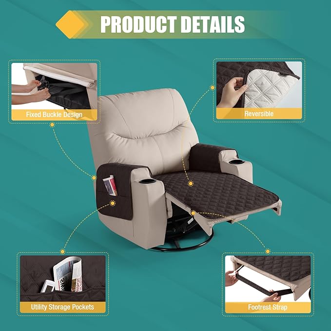 Ruaozz Waterproof Recliner Chair Covers Non Slip Chair Covers Recliner Seat Cover with Arms Washable Recliner Covers for Reclining Chair with Pocket, Covers for Recliner Chair (Chocolate, Small-22'')