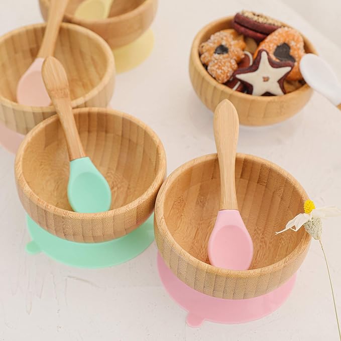 Baby Bowls and Spoons, Baby Bamboo Bowl and Spoon | Silicone Suction | Bamboo Baby Bowls for Baby | Baby Bowls First Stage | Baby Wood Bowls (Cyan-Blue)