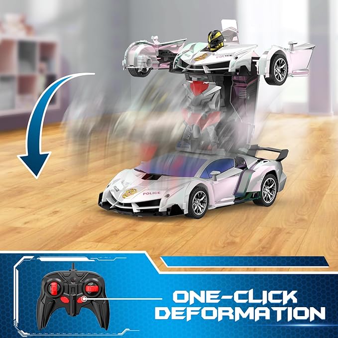 FDJ Transform Remote Control Car - Toys Car Robot with Shiny Sprayed Surface, One Button Deformation to Robot with Flashing Light, 2.4Ghz 1:18 Scale Transforming Police Car Kids Toys