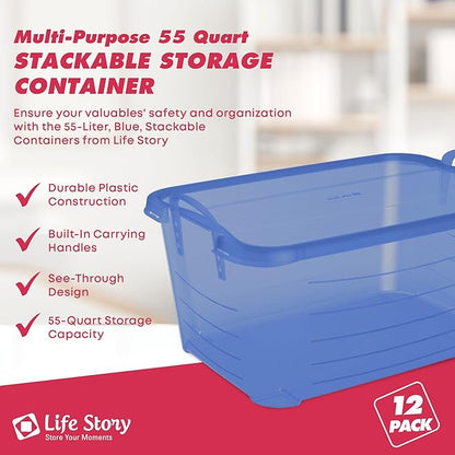 Life Story 12 Pack Light Duty Stackable Storage Bin, 55 Quart Home Organizer, Versatile Lightweight Locking Bins with Carrying Handles, Blue