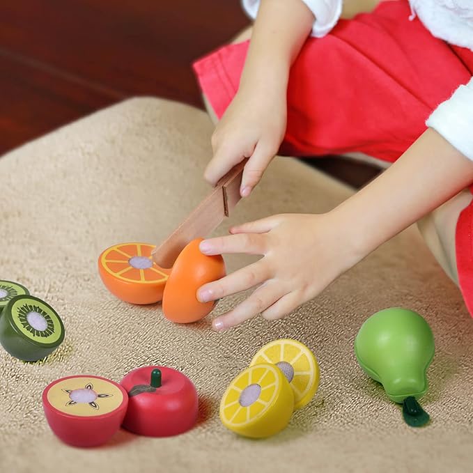 Wooden Cutting Play Food Toys - 11 PCS Wood Pretend Cutting Play Food Educational Set for Toddlers 1-3, Veggie Slicers Playset, Toys Food and Fruits with Storage Case for Christmas Birthday Gifts