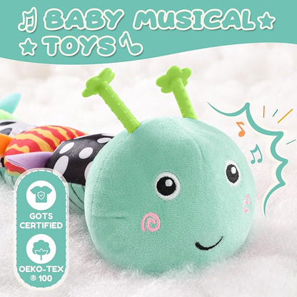 AWOTOY Baby Toys 0-6-12 Months,Musical Caterpillar Stuffed Animals Activity Infant Toys with Crinkle,Rattles,Mirror&Pull String,Muti-Sensory Toys Gifts for Newborn Tummy Time,Mint Blue|Leafy