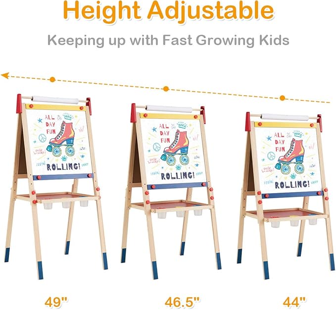 HONEY JOY Easel for Kids, Wooden Height Adjustable Standing Toddler Easel w/Magnetic Chalkboard & White Board, Paper Roll, Painting Accessories, Magnetic Alphabet, Art Easel for Boys Girls, Natural