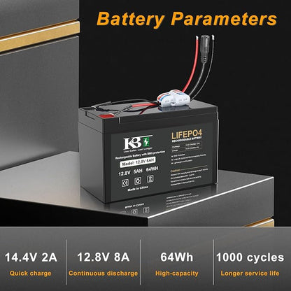 KBT 12V 5Ah Rechargeable LiFePO4 Battery, Bare Leads Wire Replacement Battery Pack with Charger Compatible with 12V Devices DIY Bluetooth Speaker Boombox Radio
