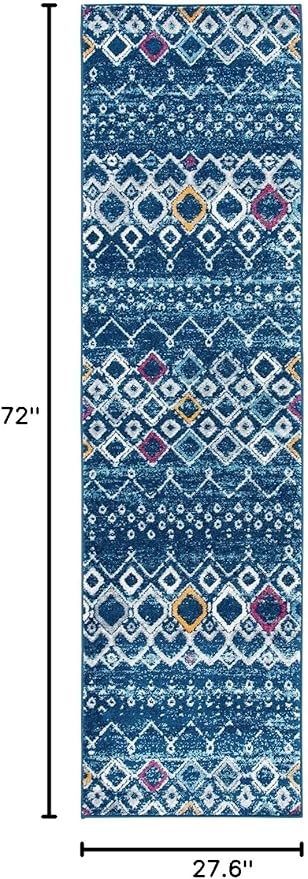 SAFAVIEH Amsterdam Collection Runner Rug - 2'3" x 6', Navy & Turquoise, Moroccan Boho Design, Non-Shedding & Easy Care, Ideal for High Traffic Areas in Living Room, Bedroom (AMS108M)
