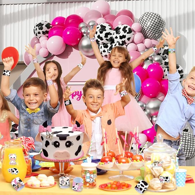 74 PCS Cow Party Favors Include 24 Pcs Cow Print Slap Bracelet 50 Pcs Cow Stickers Pack Cow Print Stuff Cute Cow Birthday Party Decorations Supplies for Kids Girls Boys Gifts Classroom Prizes