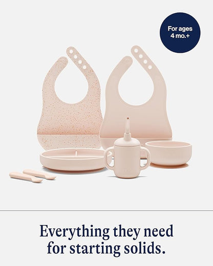 Lalo First Bites Silicone Baby Feeding Set - Baby Led Weaning Supplies - Non-Toxic Silicone - Includes 2 Bibs, 2 Spoons, Training Cup, Suction Plate and Bowl - 6 Pieces - Grapefruit