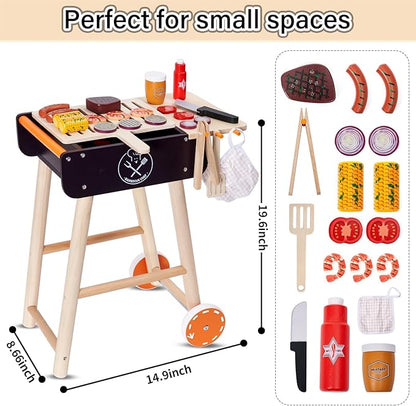 MerryPony Wooden Play Barbecue Toy Grill, Kids BBQ Grill Playset with Play Food and Grilling Tools, Kids Cooking Sets, Outdoor Play Kitchen Set Kids, Pretend Play Kitchen Accessories Toddlers Age 3+