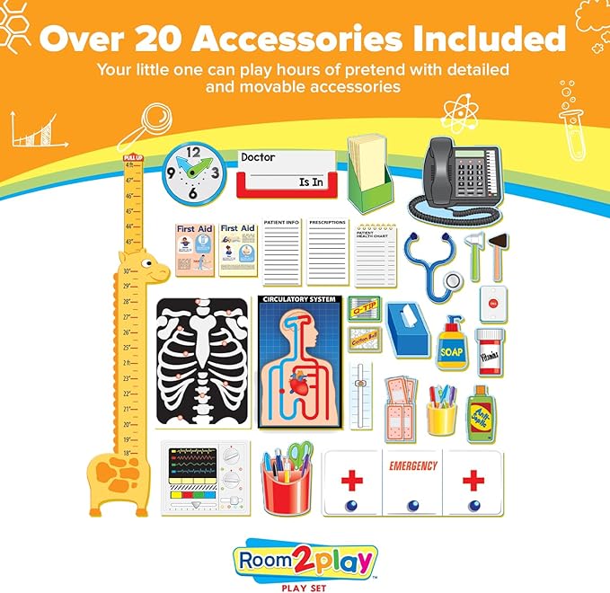 Large Kids Pretend Play Set for Toddlers Ages 3+ Years –Wooden Toy Playset Folds Away for Easy Storage with 20 Fun & Interactive Pieces (Doctor's Office)