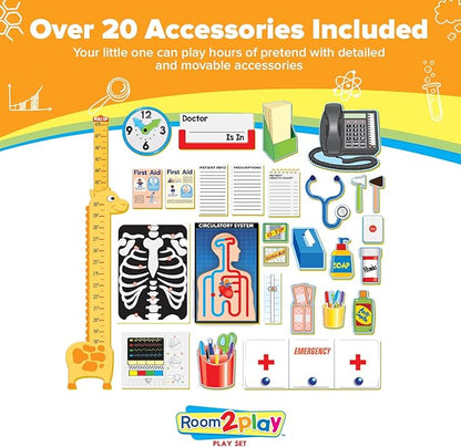 Large Kids Pretend Play Set for Toddlers Ages 3+ Years –Wooden Toy Playset Folds Away for Easy Storage with 20 Fun & Interactive Pieces (Doctor's Office)
