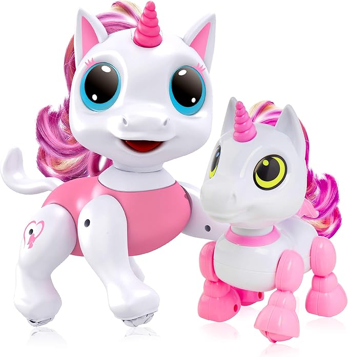 Power Your Fun Unicorn Robo Pets Toys 2pk - Unicorns Gifts for Girls and Kids (1) Unicorn STEM Toy Robot Interactive Hand Gestures or Remote Control to Move and (1) Mini Unicorn Automated Smart Robot