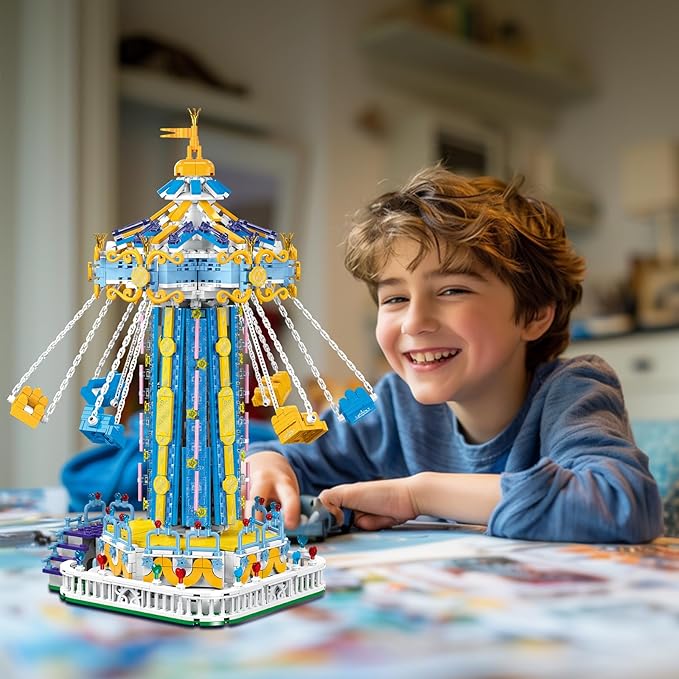 Swing Ride Building Blocks Set. Large Amusement Park Model Kit for Boys and Girls Over 6 Years Old., Carousel Building Set for Motorized Control and With LED Ligh, Christmas Birthday Gifts- 1892 PCS