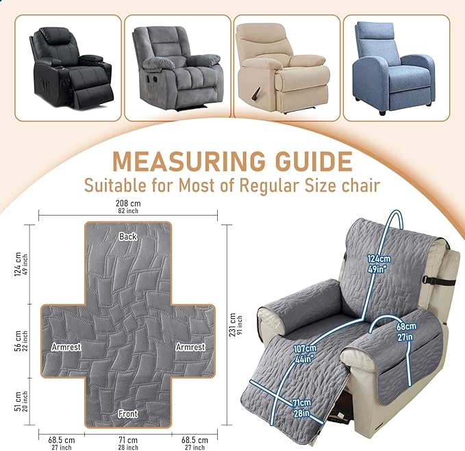 100% Waterproof Recliner Chair Covers for Reclining Chair, Small Recliner Covers That Stay in Place, Non-Slip Recliner Armchair Cover with Pockets for Kids, Pets, Dogs, Cat, Washable,Light gra