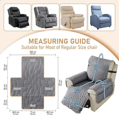 100% Waterproof Recliner Chair Covers for Reclining Chair, Small Recliner Covers That Stay in Place, Non-Slip Recliner Armchair Cover with Pockets for Kids, Pets, Dogs, Cat, Washable,Light gra