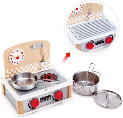 Hape Wooden 2-in-2 Kitchen & Grill Set| Pretend Realistic Role Play Kitchen Toys for Kids